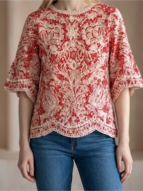 Solitaire Red White Lace Embroidered Top Boho Blouse ( XS / S approx.)